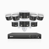 FDH600 - 6MP 8 Kanal PoE Panorama Überwachungskamera-Set mit 4 Bullet Kameras & 4 Turm Kameras, zwei Objektiven, 180° Ultraweitwinkel, f/1.2 Superblende, BSI-Sensor, integriertes Mikrofon, aktive Sirene und Alarm, Personen-und Fahrzeugerkennung